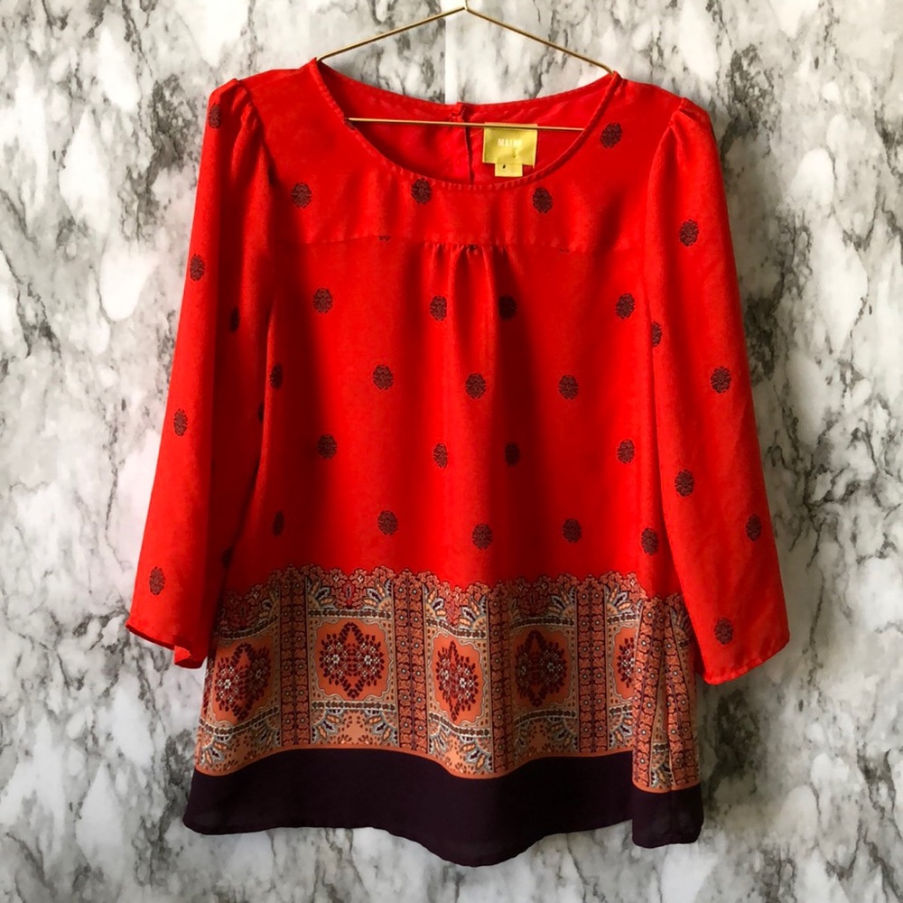 Orange Paisley Top 3/4 sleeve Peasant Top
